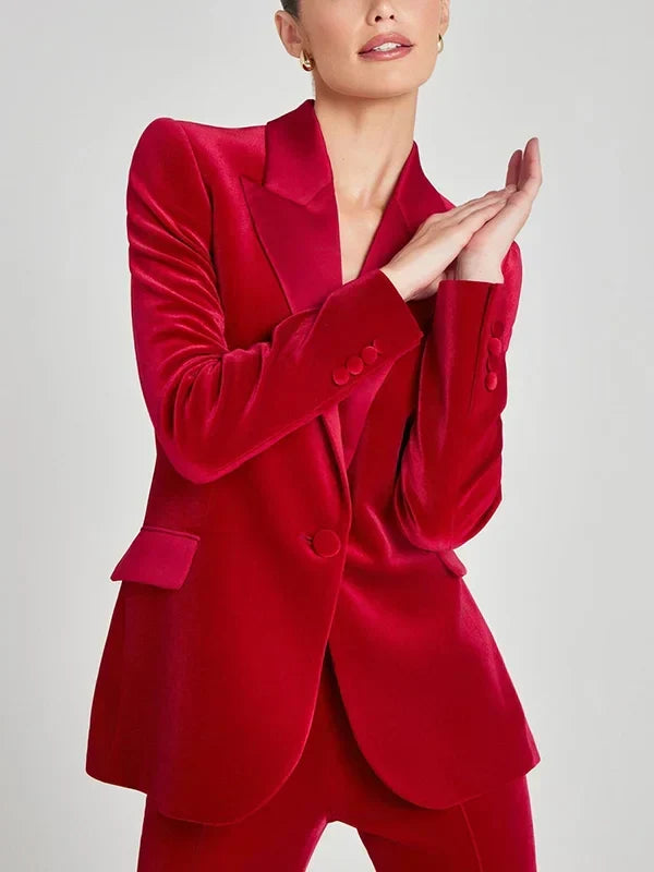 Blazer en velours rouge à revers en pointe