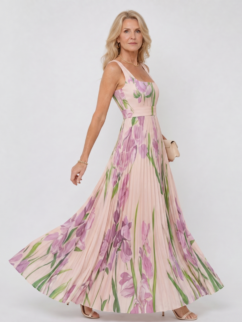 Robe midi en satin à décolleté carré et jupe plissée