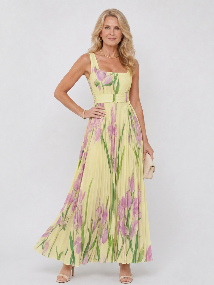 Robe midi en satin à décolleté carré et jupe plissée