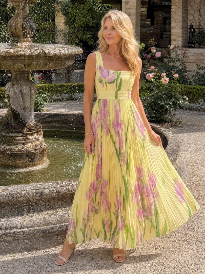 Robe midi en satin à décolleté carré et jupe plissée