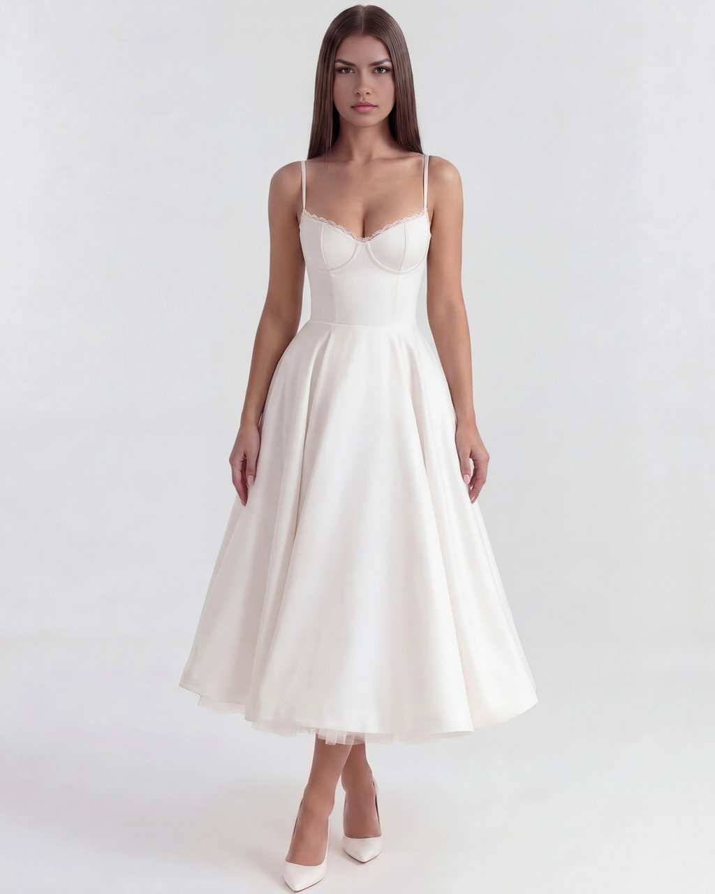 Robe midi satinée à corset cœur et jupe en tulle