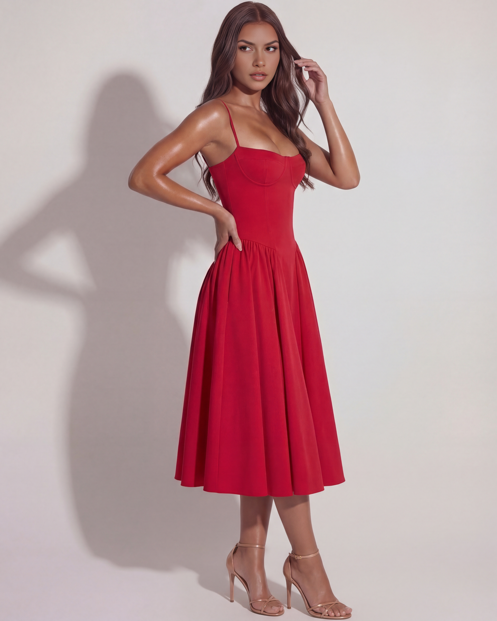 Robe midi corsetée à décolleté cœur et jupe froncée