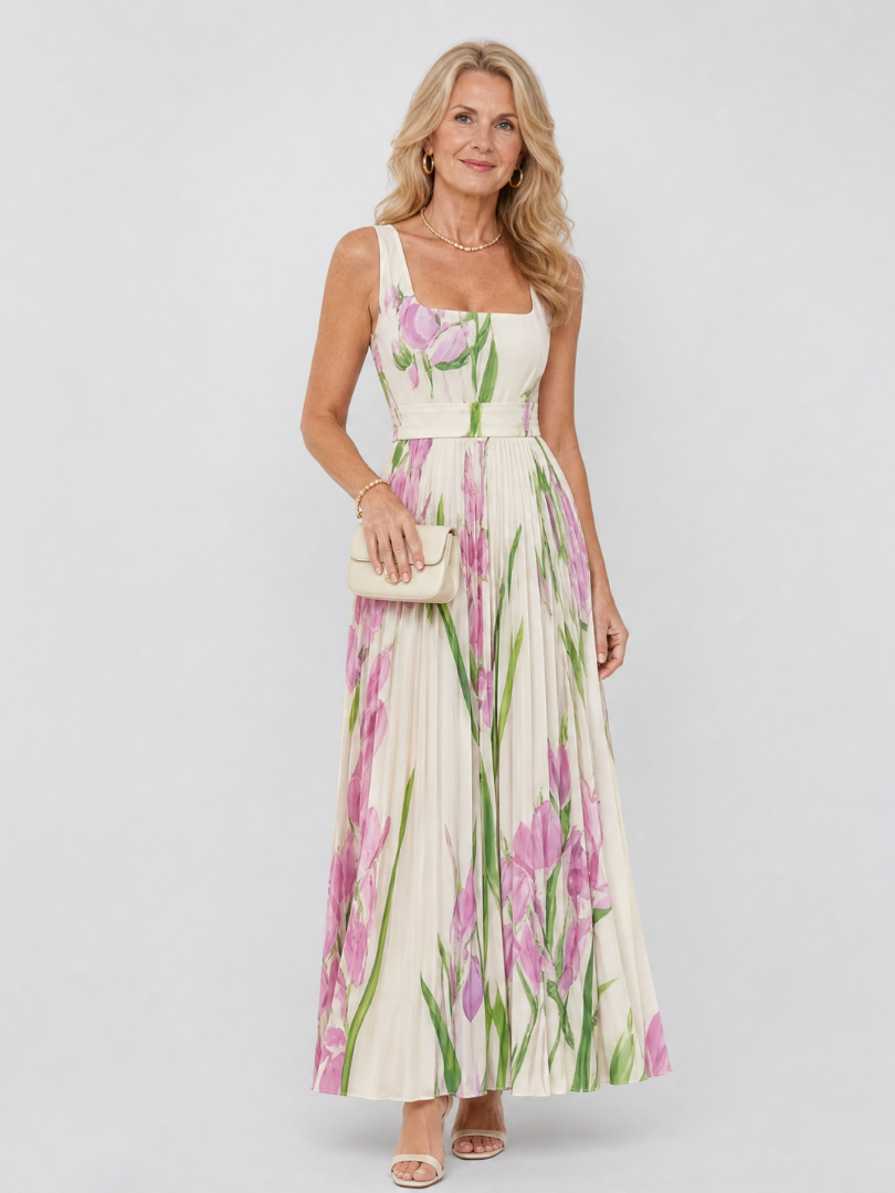 Robe midi en satin à décolleté carré et jupe plissée
