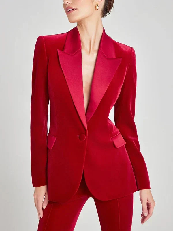 Blazer en velours rouge à revers en pointe
