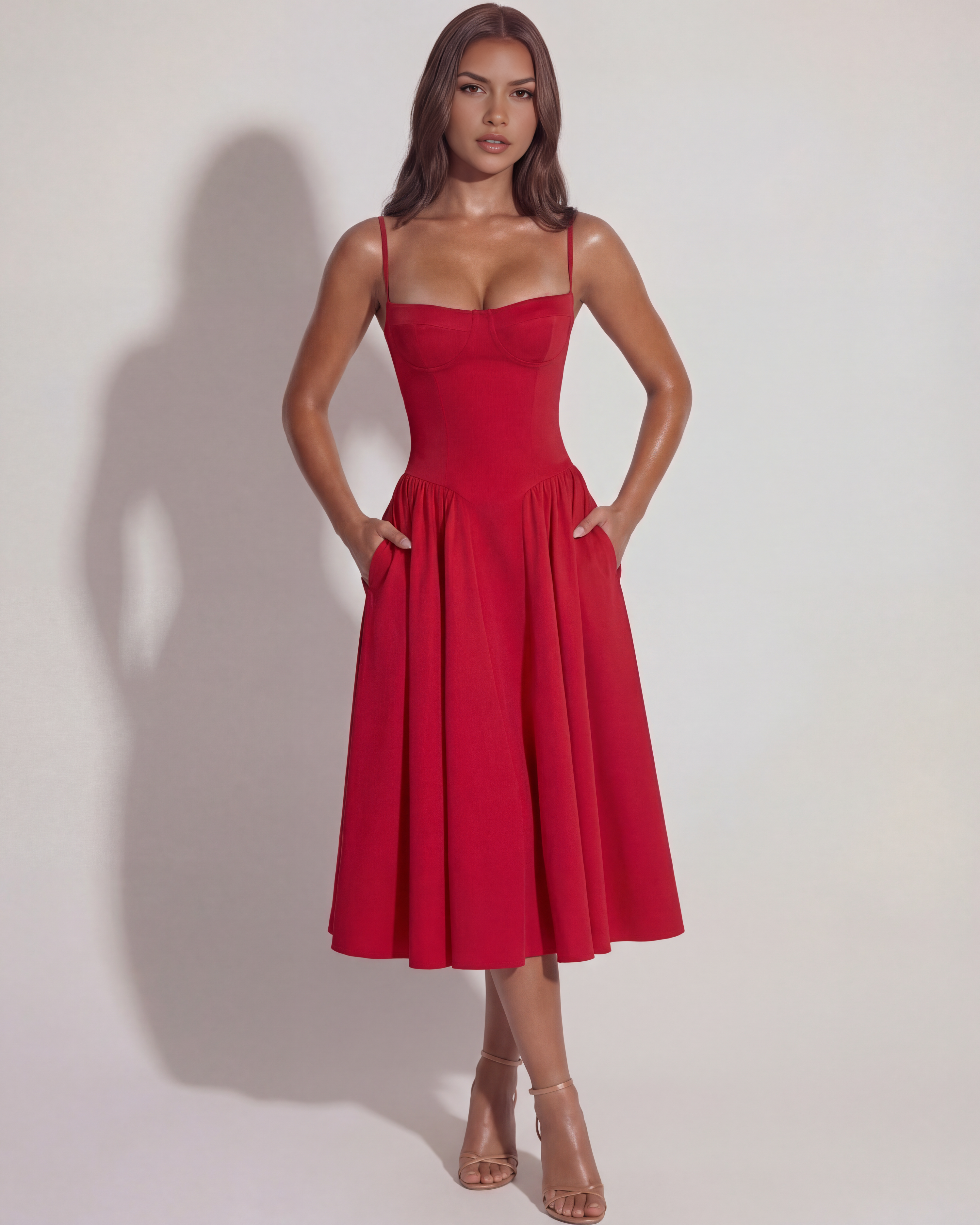 Robe midi corsetée à décolleté cœur et jupe froncée