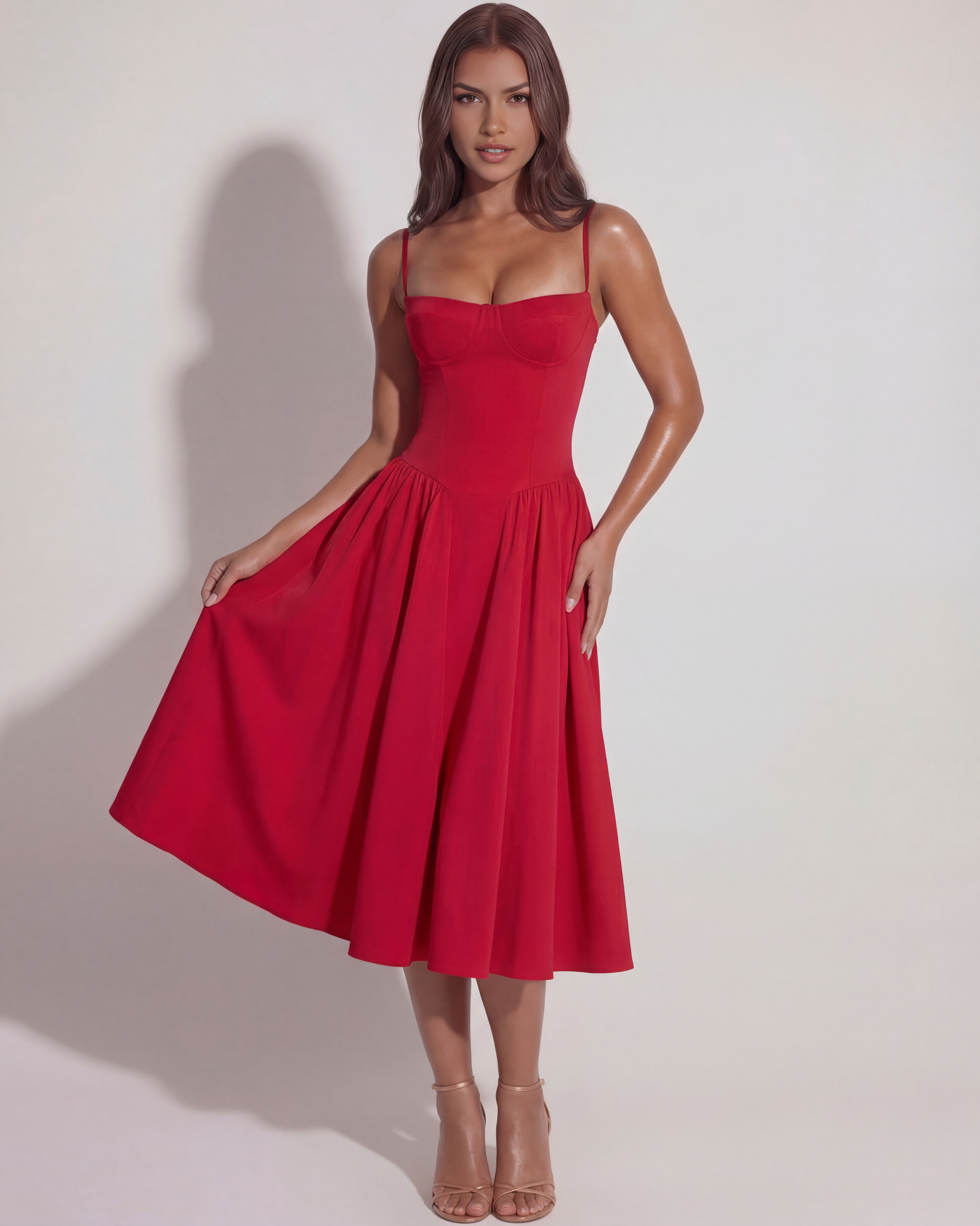 Robe midi corsetée à décolleté cœur et jupe froncée