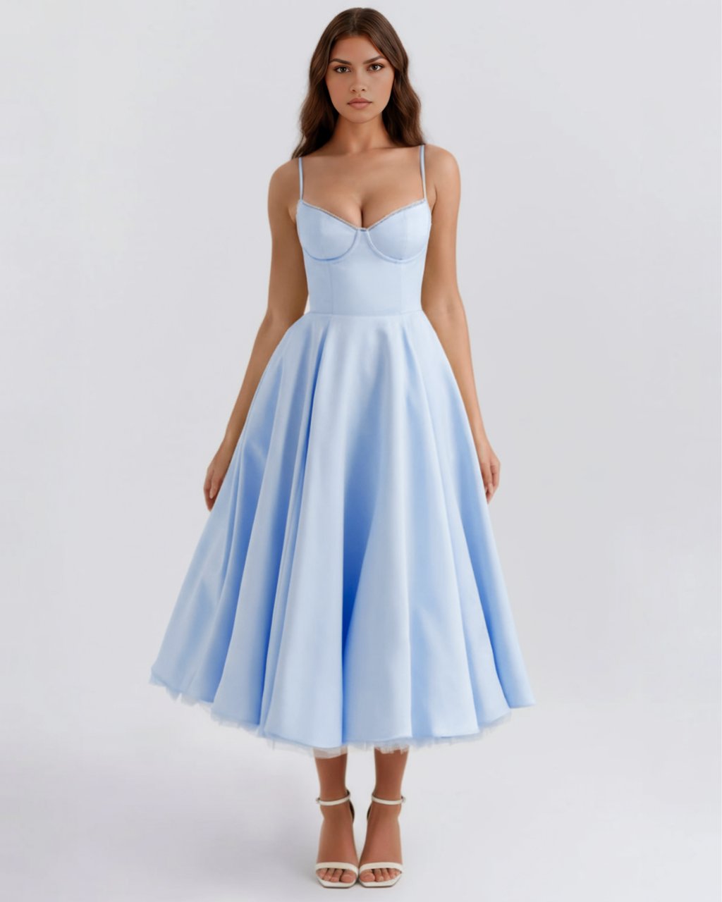 Robe midi satinée à corset cœur et jupe en tulle