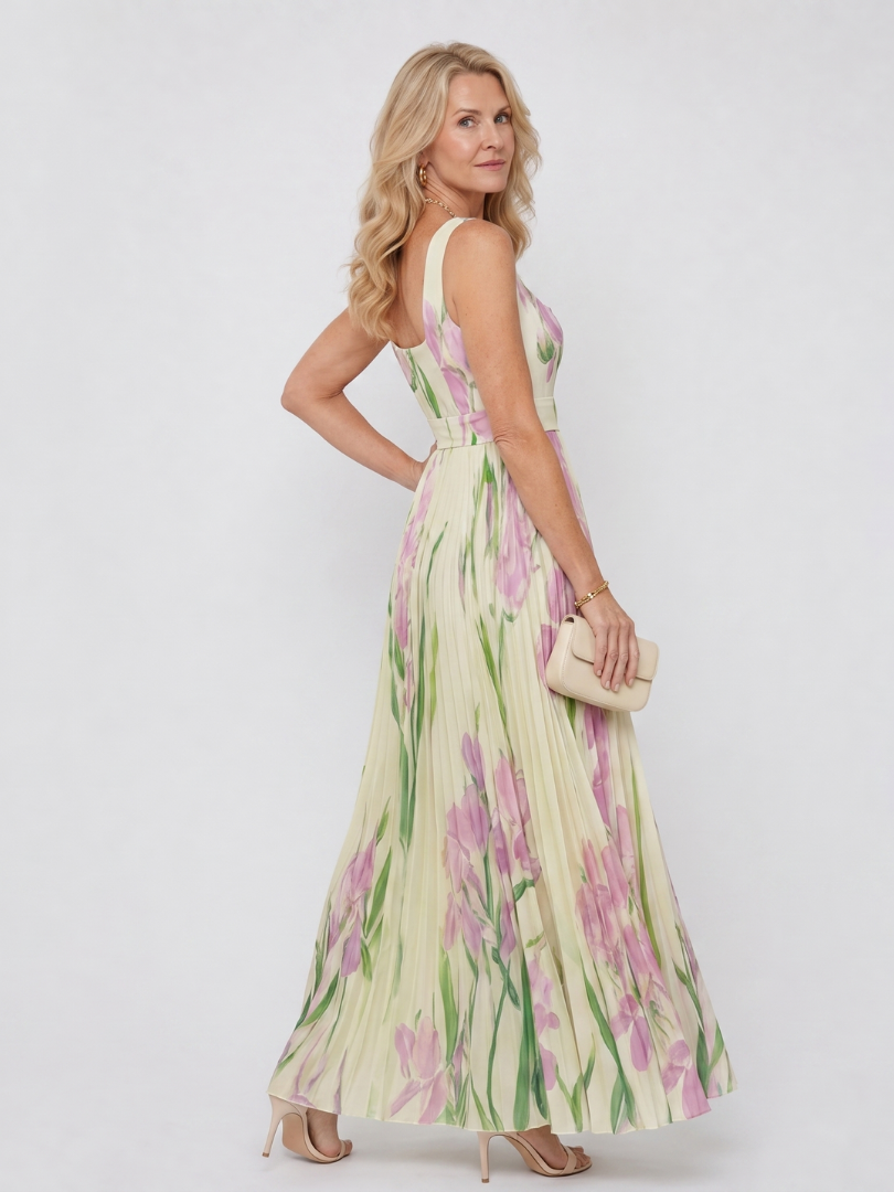 Robe midi en satin à décolleté carré et jupe plissée