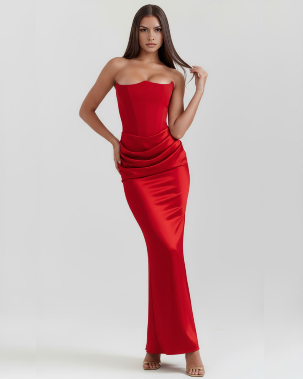 Robe longue corsetée en crêpe stretch à encolure bustier