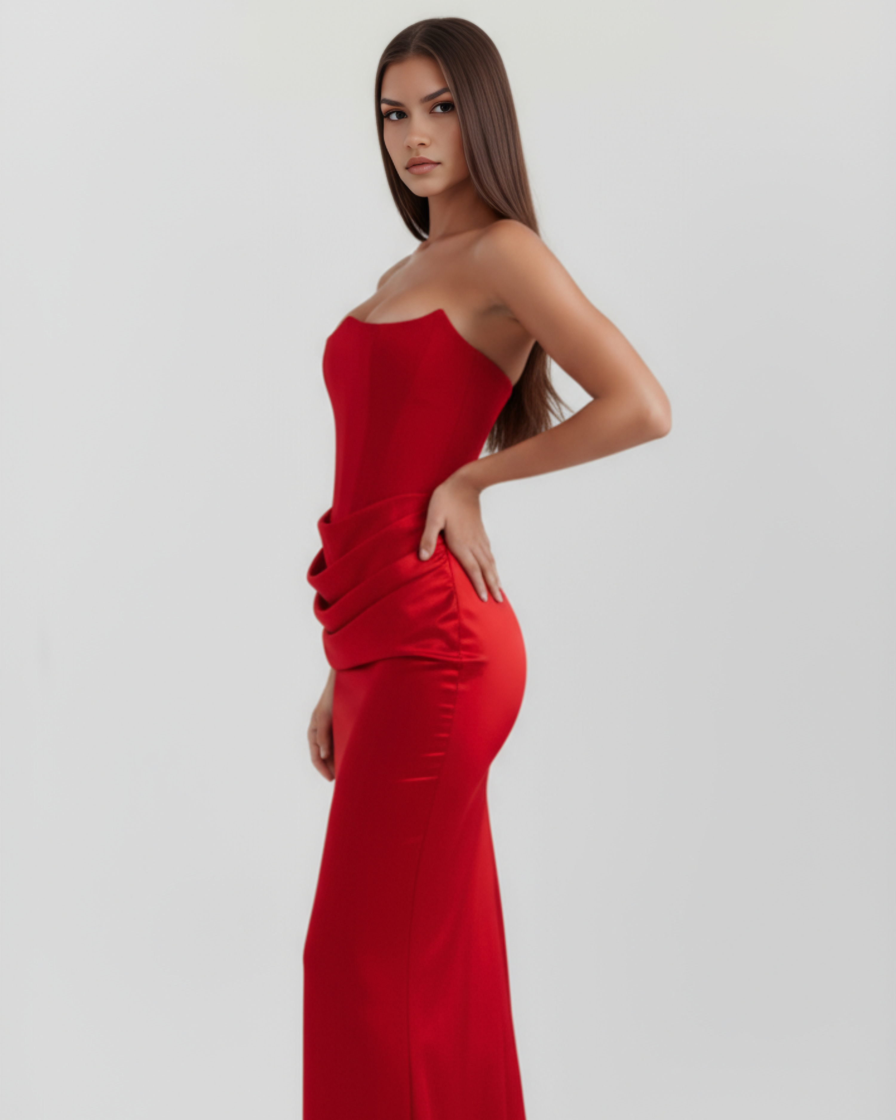 Robe longue corsetée en crêpe stretch à encolure bustier
