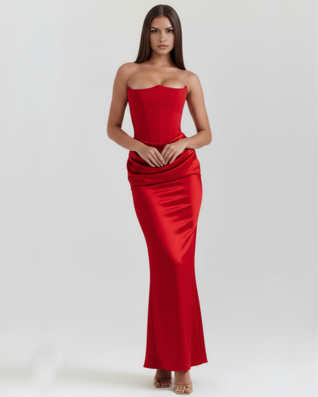 Robe longue corsetée en crêpe stretch à encolure bustier