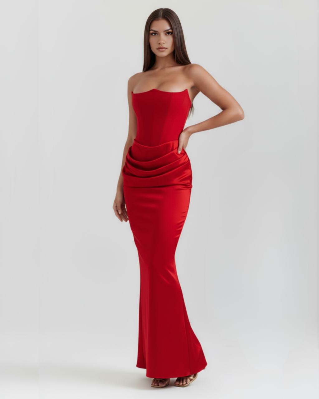 Robe longue corsetée en crêpe stretch à encolure bustier