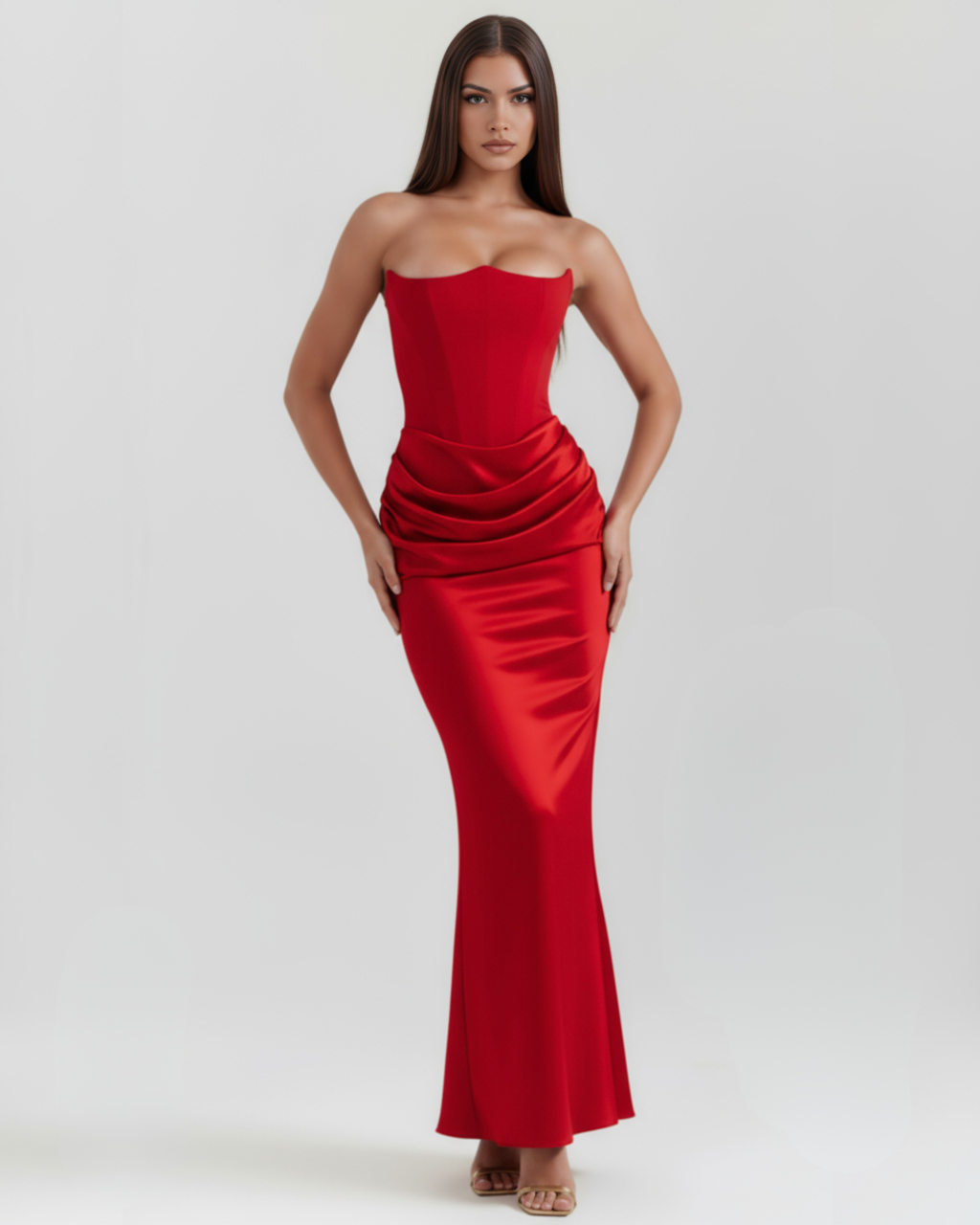 Robe longue corsetée en crêpe stretch à encolure bustier