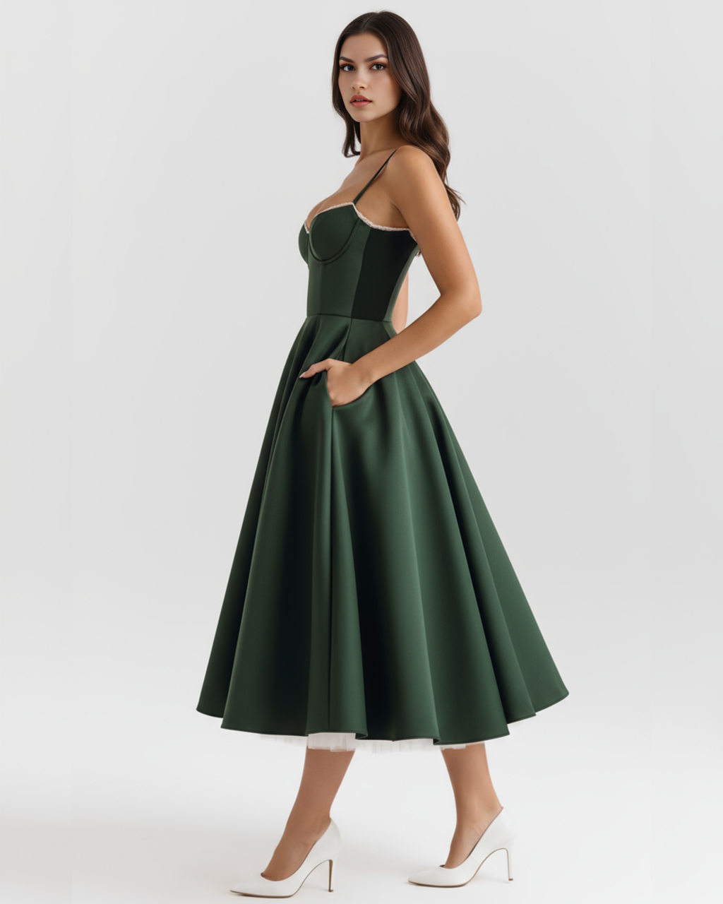 Robe midi satinée à corset cœur et jupe en tulle