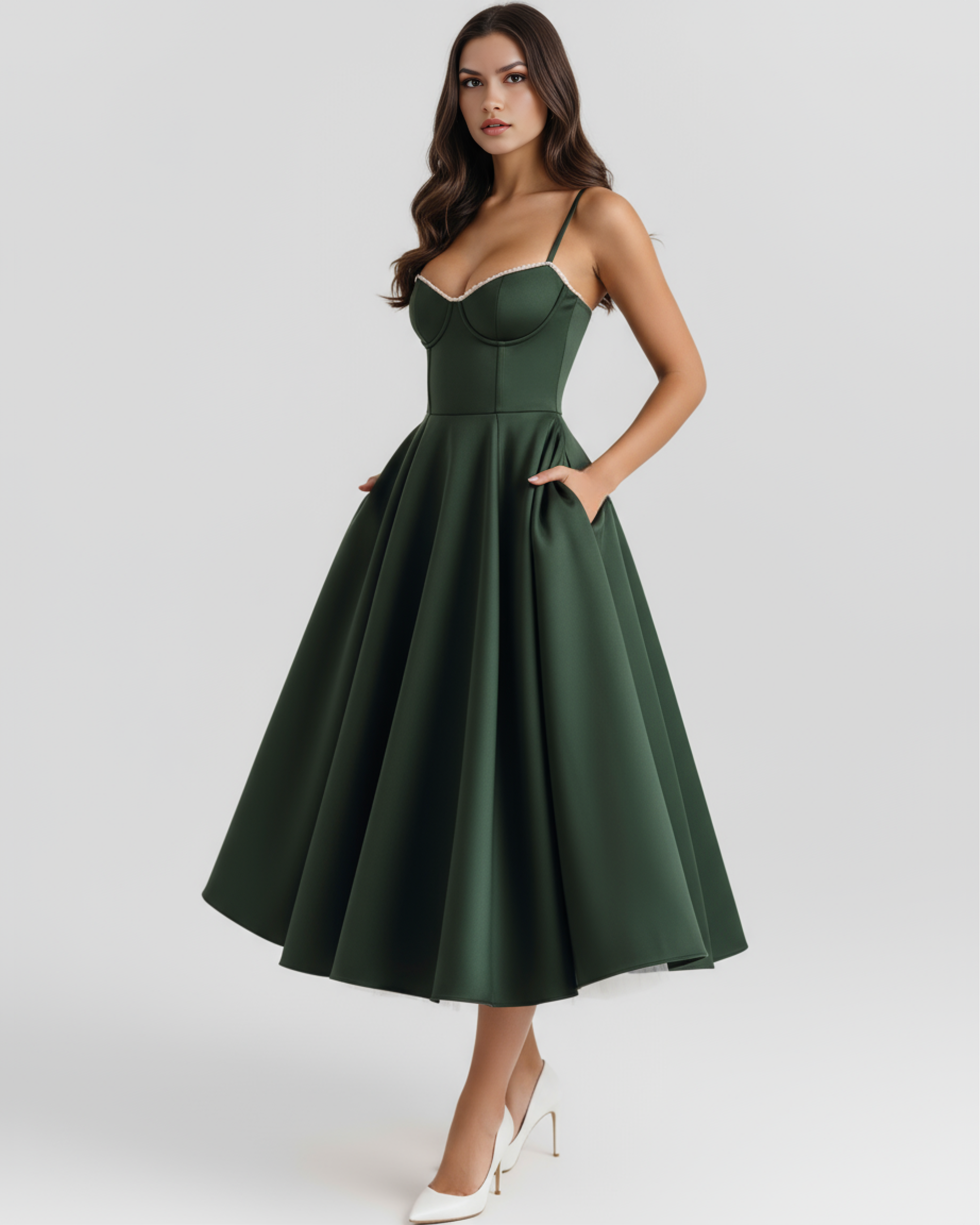 Robe midi satinée à corset cœur et jupe en tulle