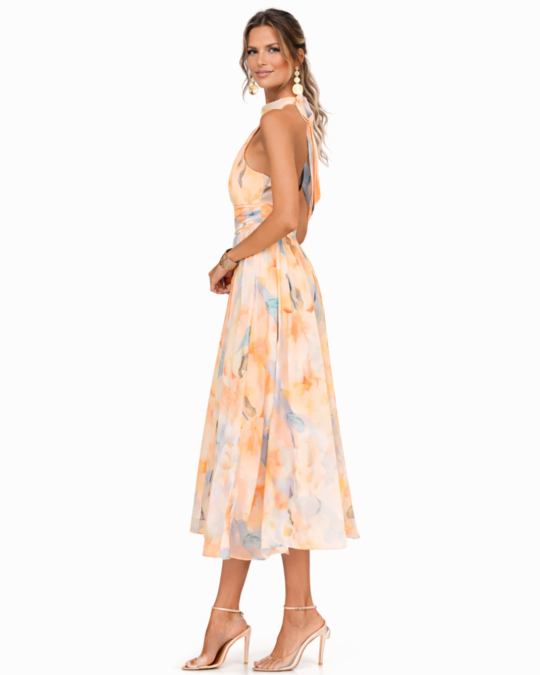 Robe longue en satin à encolure licou