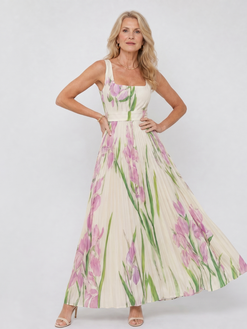Robe midi en satin à décolleté carré et jupe plissée
