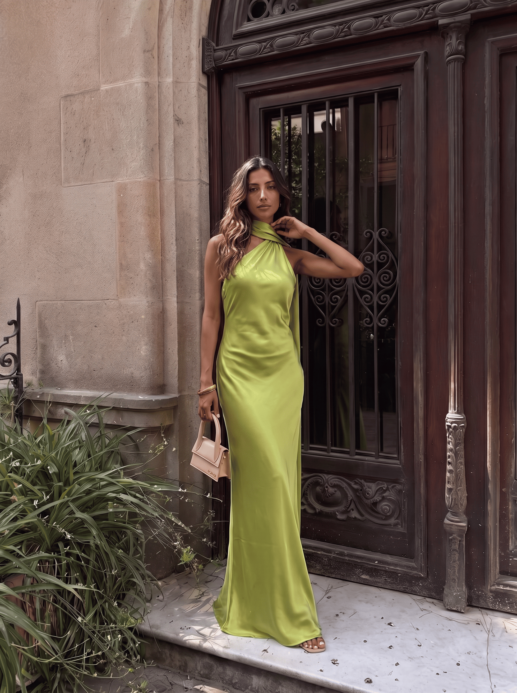 Robe longue en satin à encolure licou, ton vert forêt