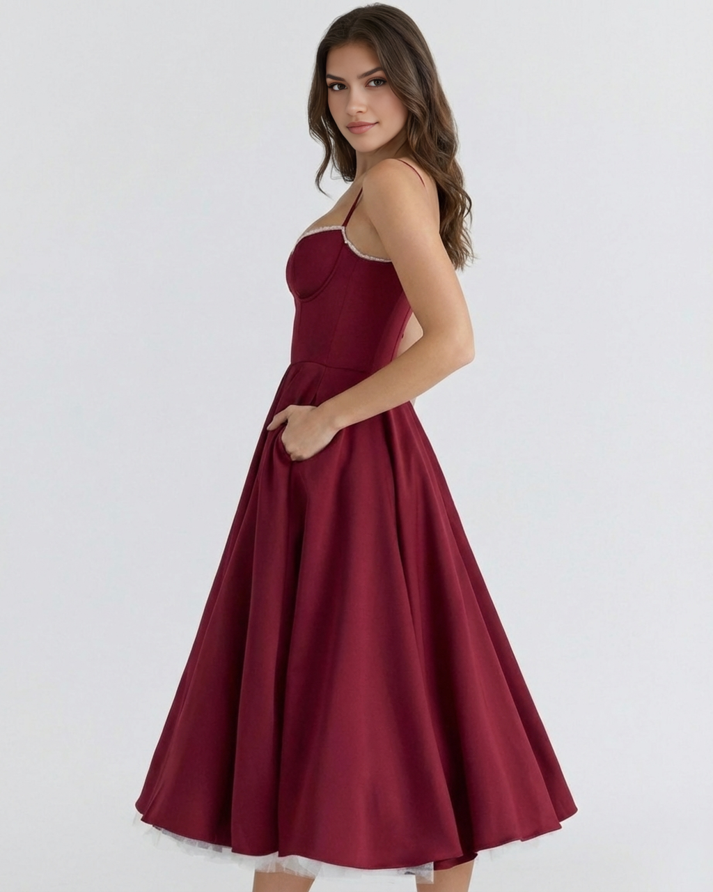 Robe midi satinée à corset cœur et jupe en tulle