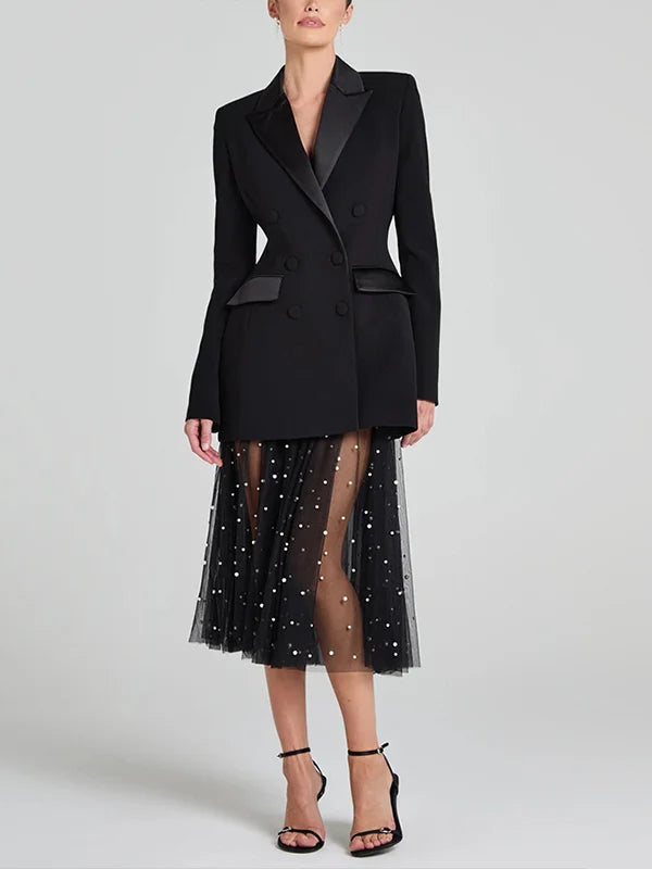 Blazer réversible en satin noir à double boutonnage