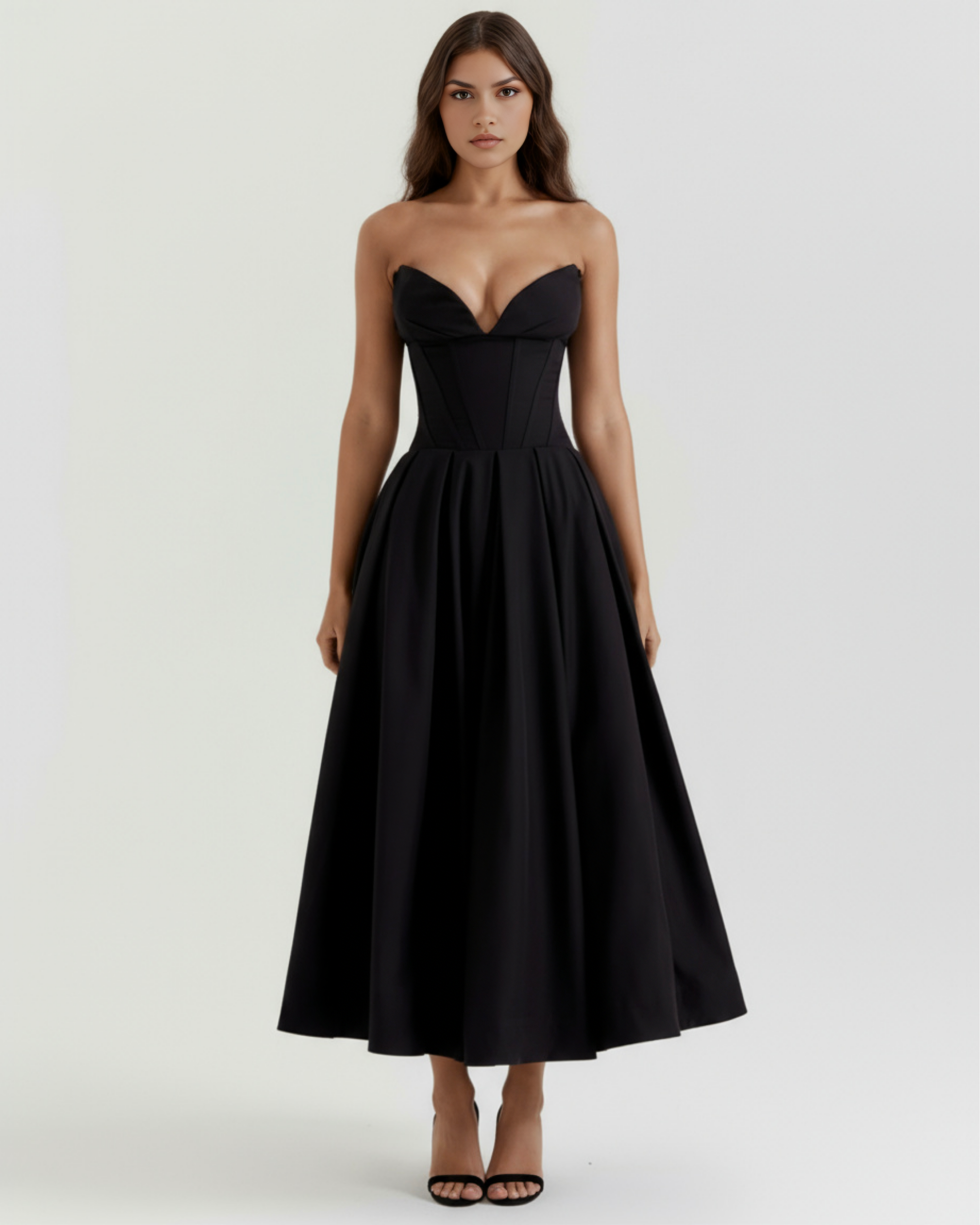 Robe midi bustier à corsage sculpté et jupe volumineuse