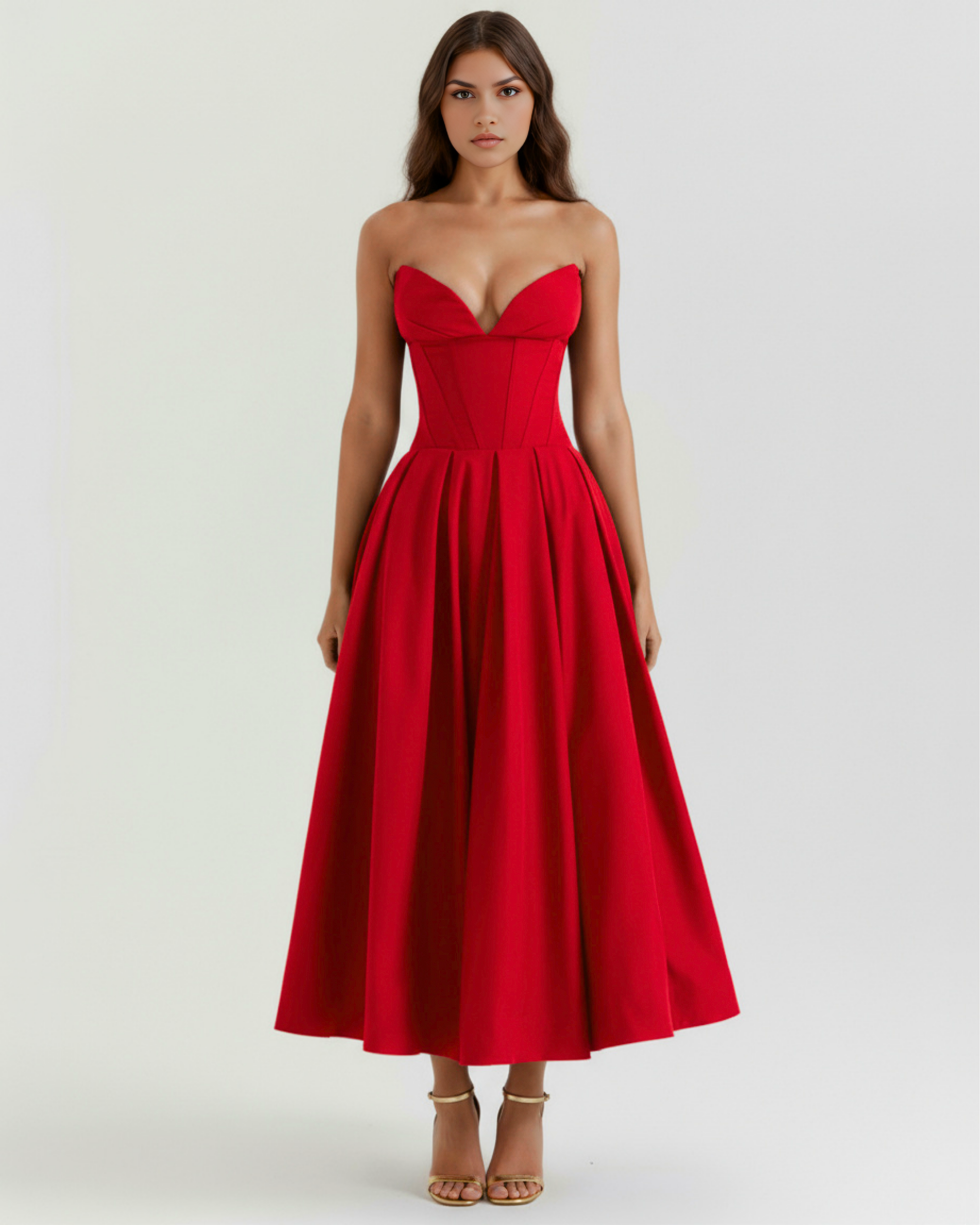 Robe midi bustier à corsage sculpté et jupe volumineuse