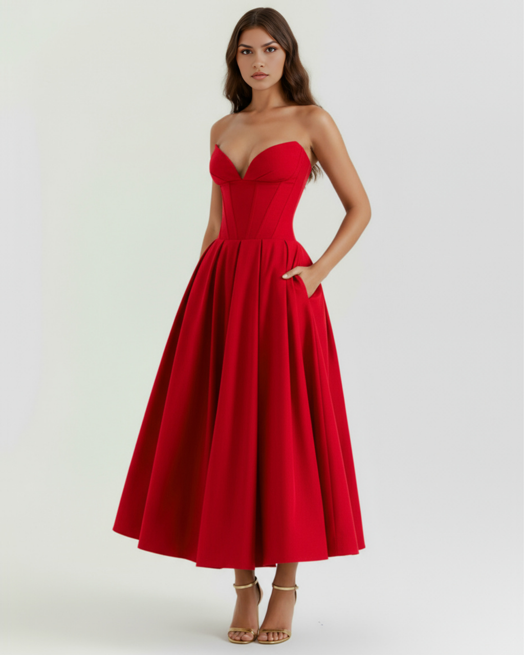 Robe midi bustier à corsage sculpté et jupe volumineuse