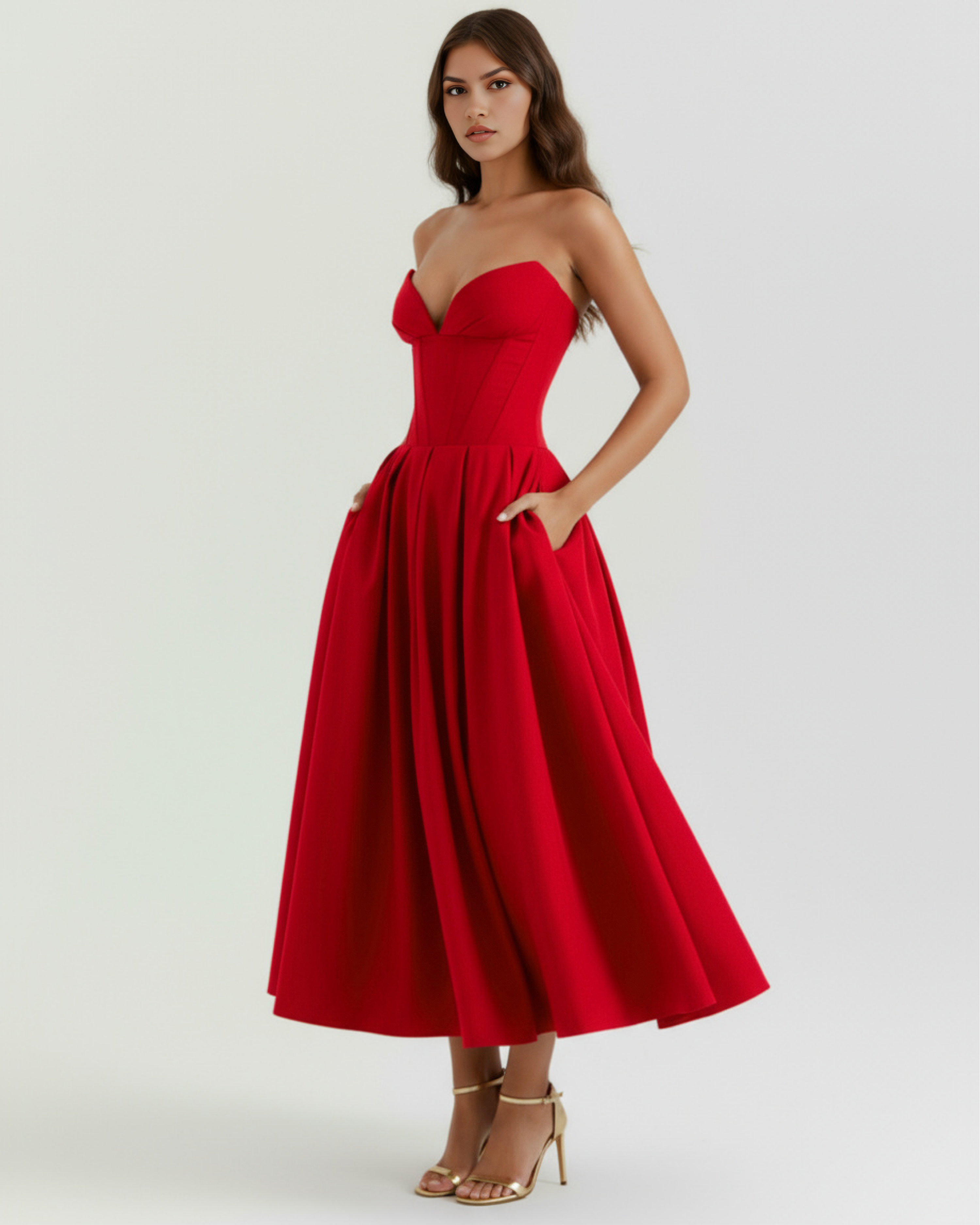 Robe midi bustier à corsage sculpté et jupe volumineuse