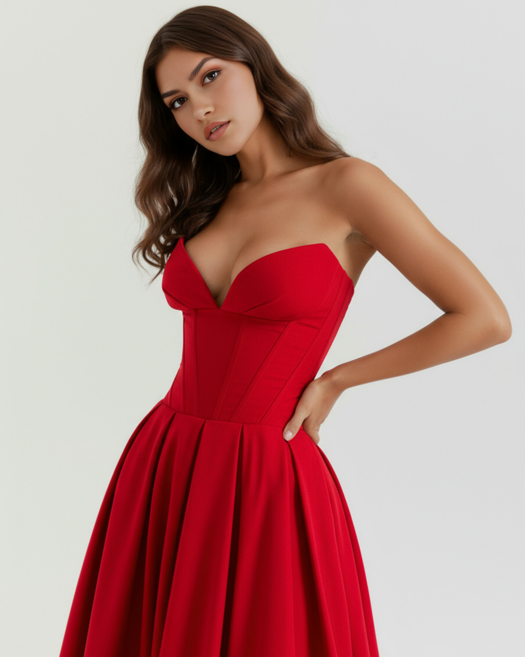 Robe midi bustier à corsage sculpté et jupe volumineuse