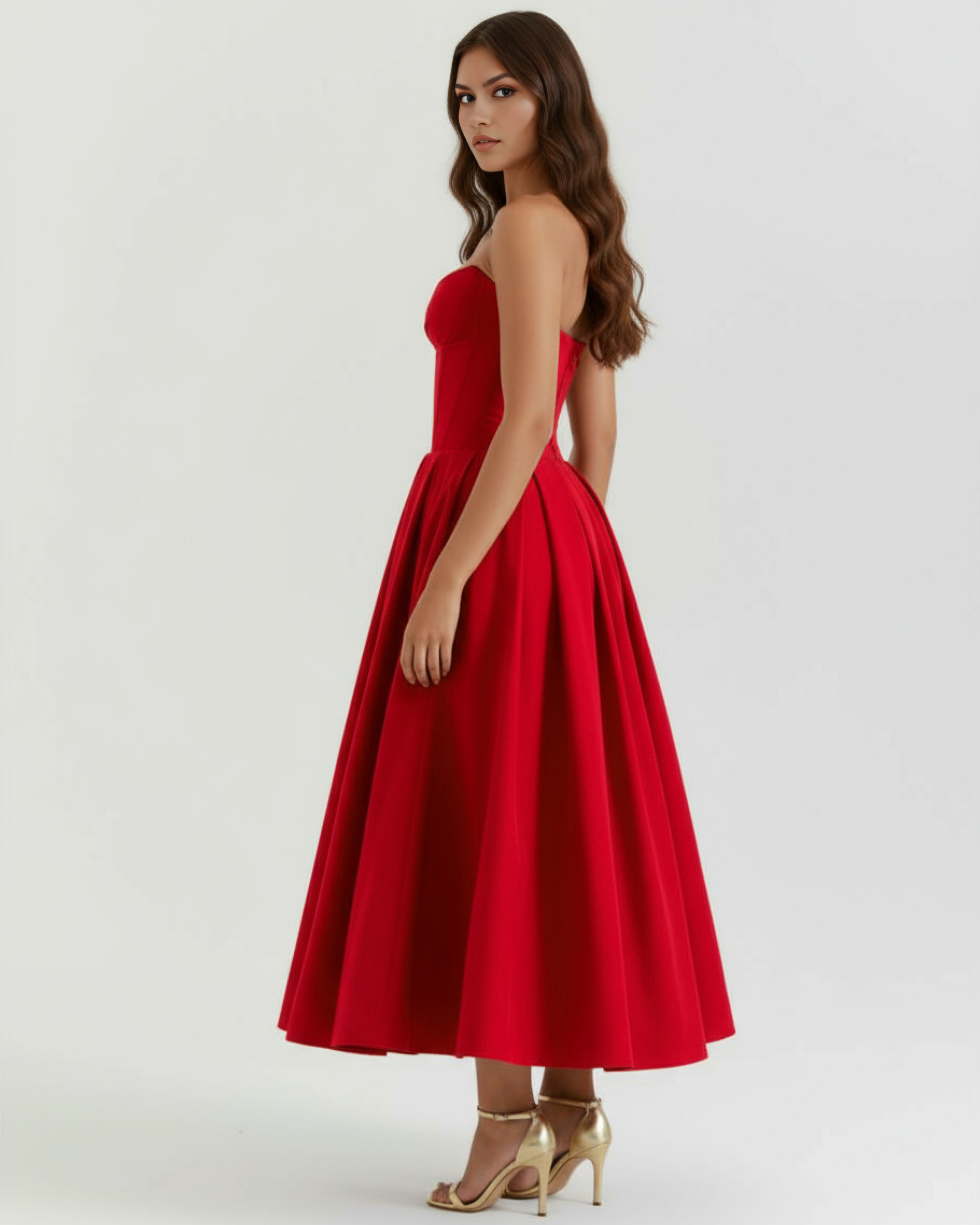 Robe midi bustier à corsage sculpté et jupe volumineuse