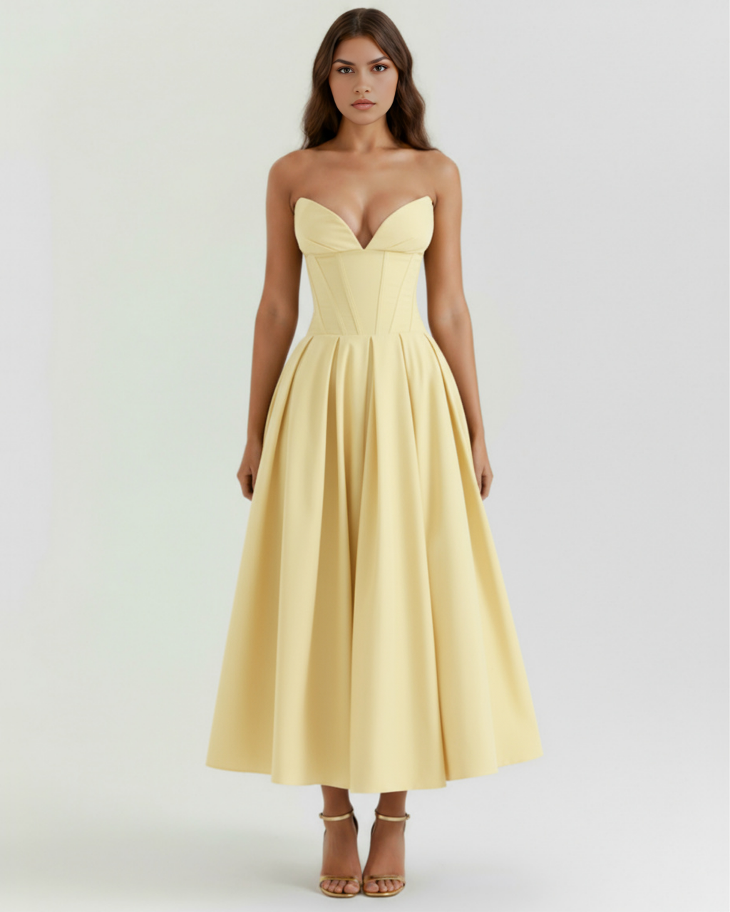 Robe midi bustier à corsage sculpté et jupe volumineuse
