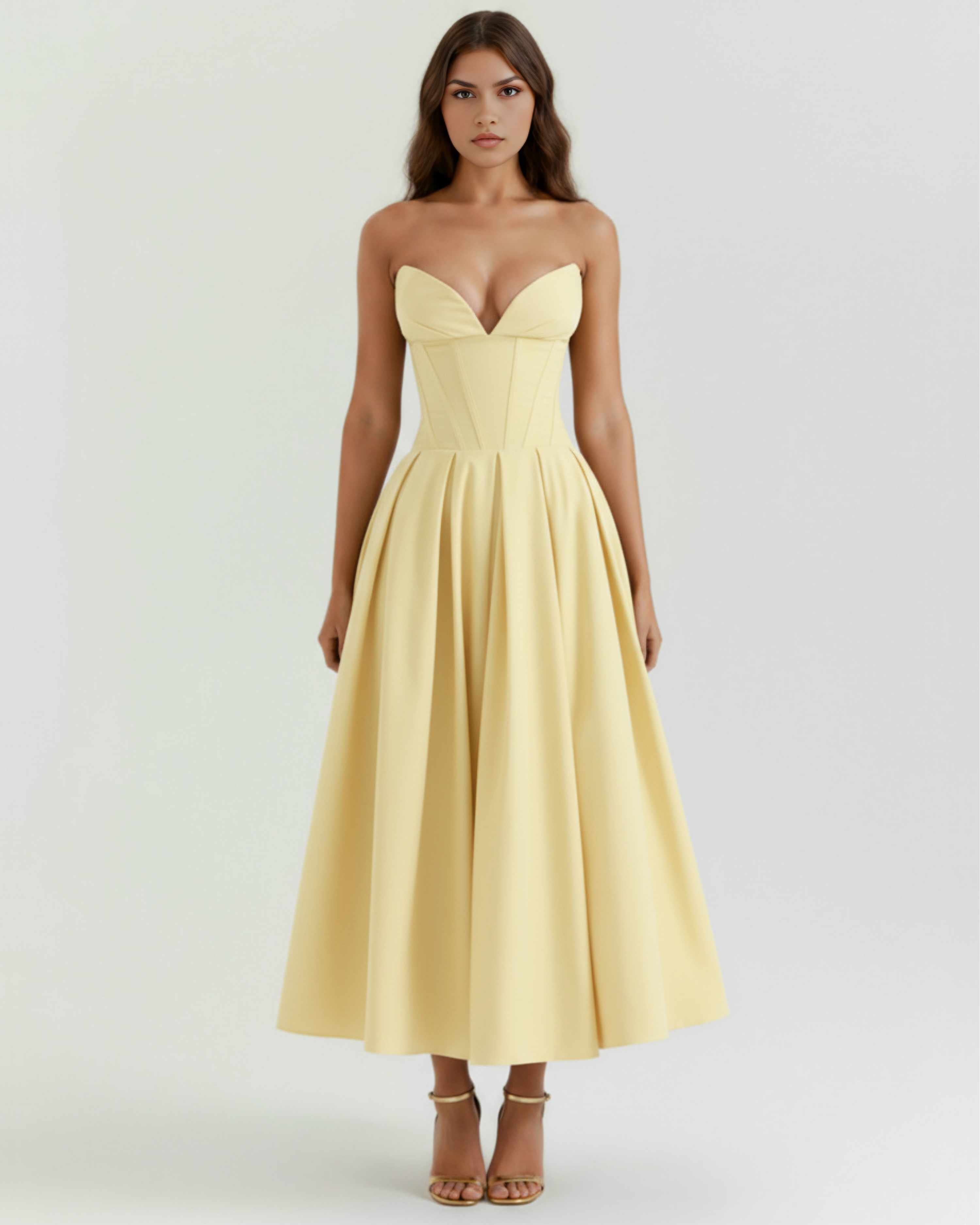 Robe midi bustier à corsage sculpté et jupe volumineuse