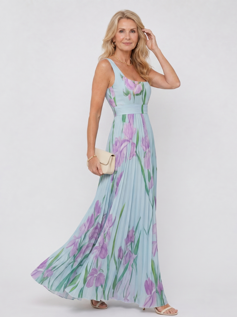 Robe midi en satin à décolleté carré et jupe plissée