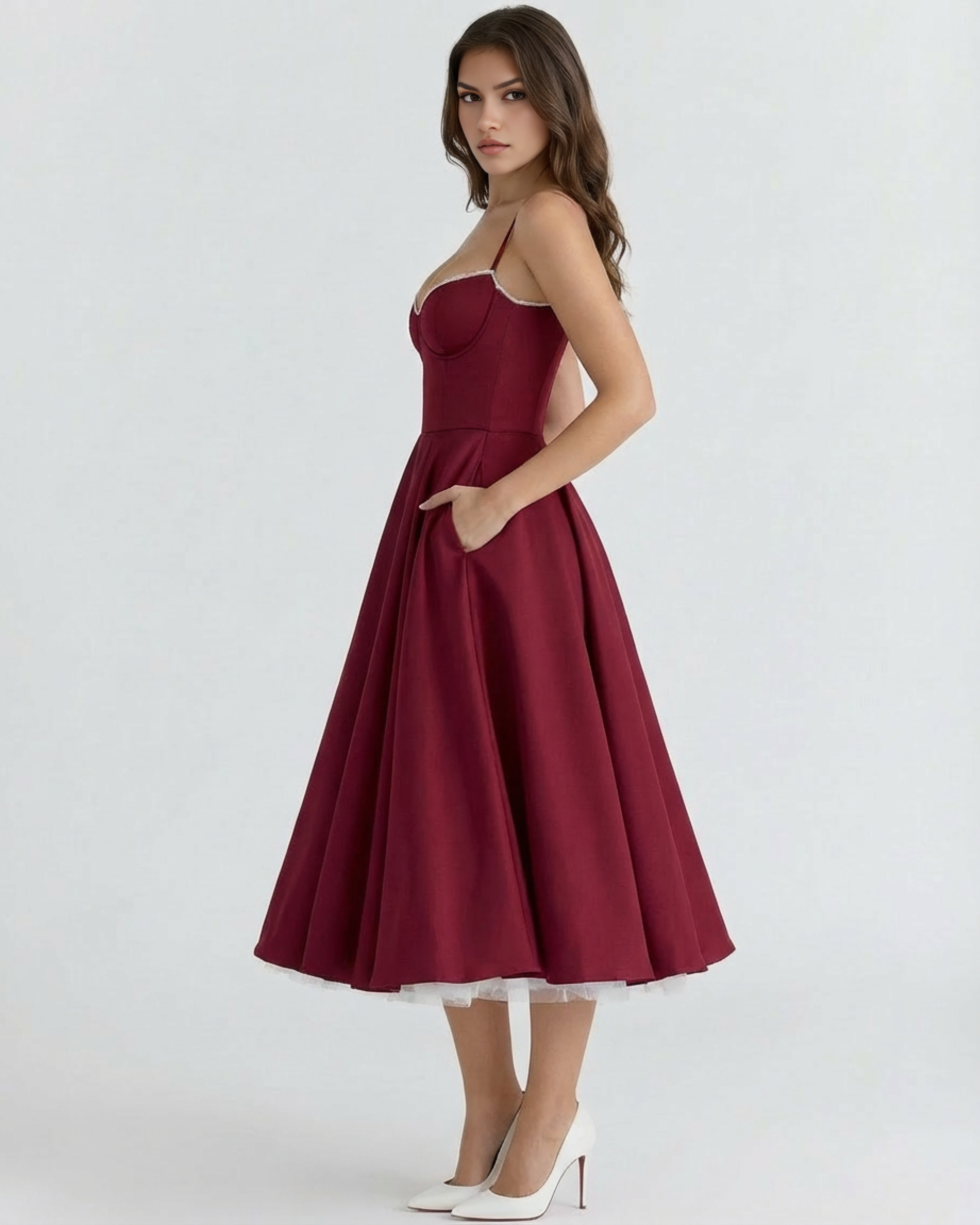 Robe midi satinée à corset cœur et jupe en tulle