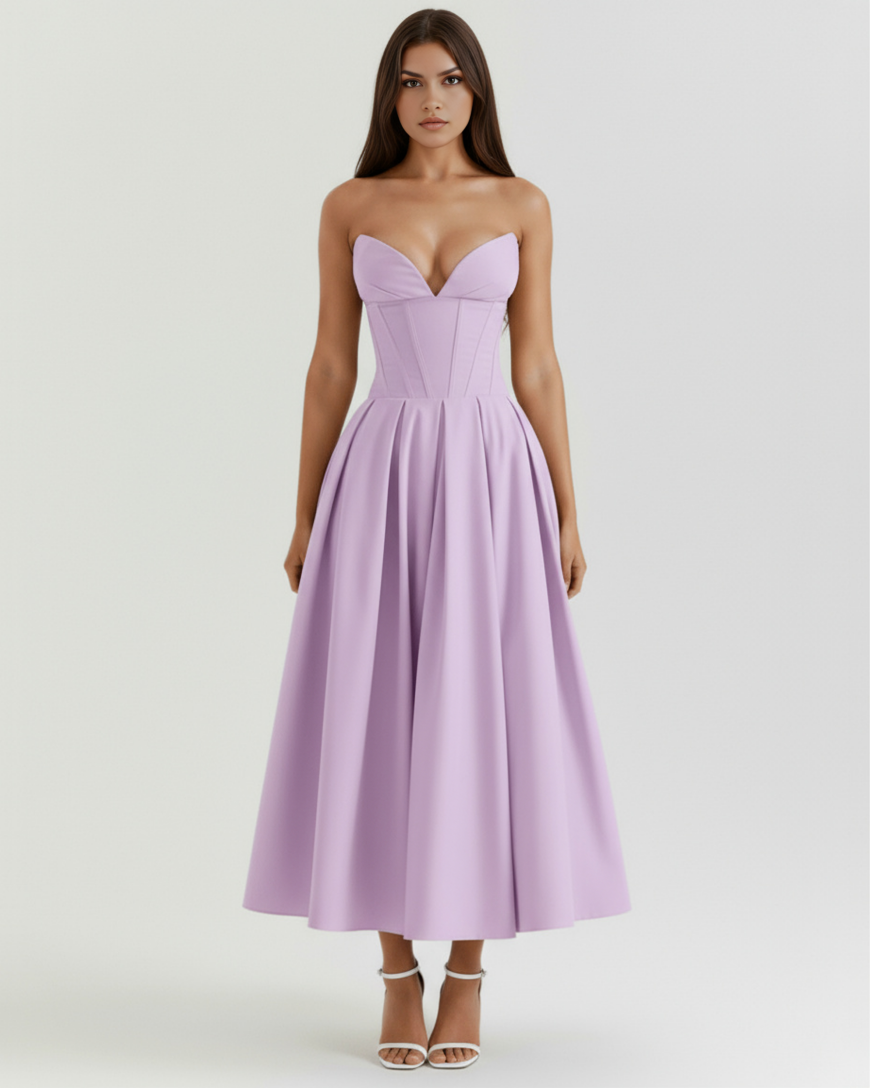 Robe midi bustier à corsage sculpté et jupe volumineuse