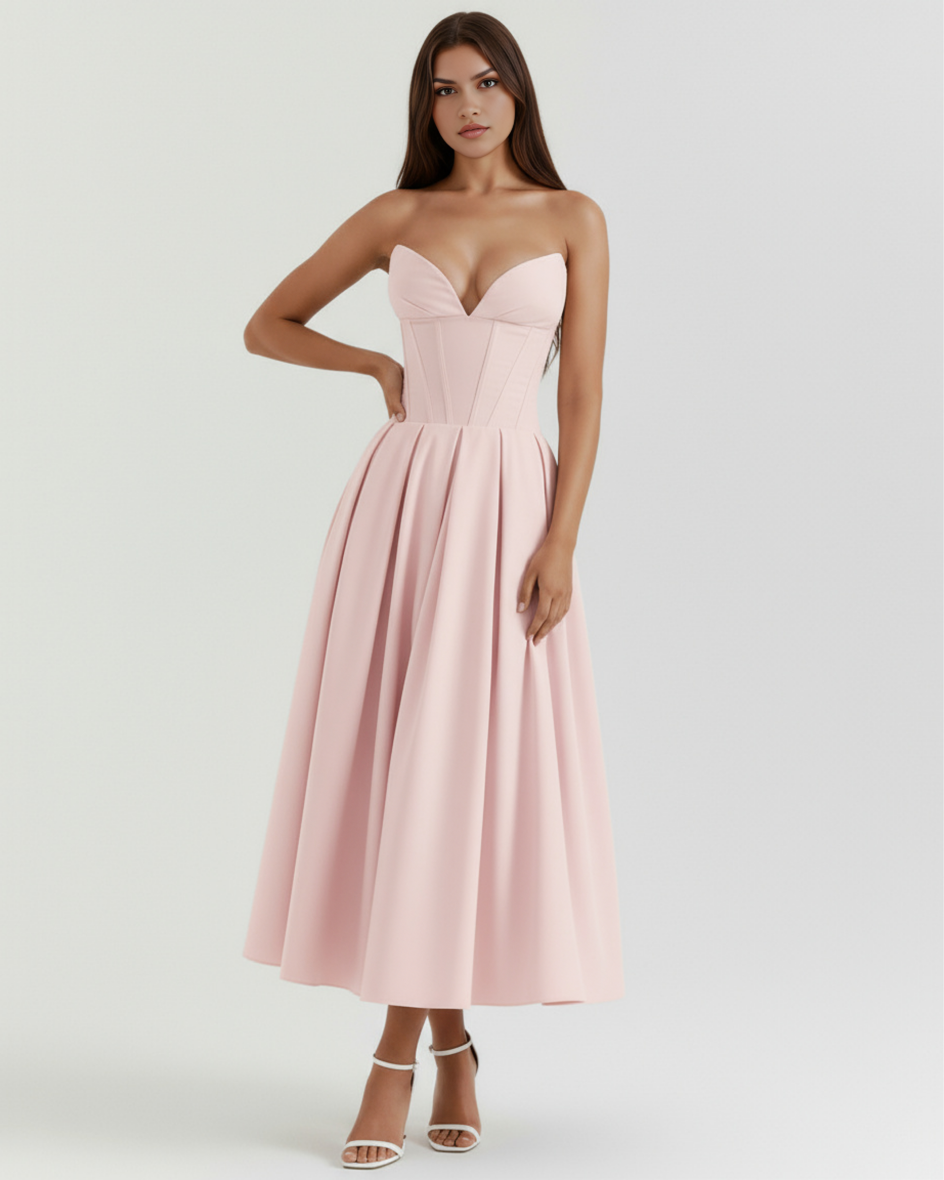 Robe midi bustier à corsage sculpté et jupe volumineuse