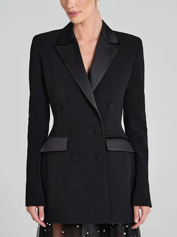 Blazer réversible en satin noir à double boutonnage