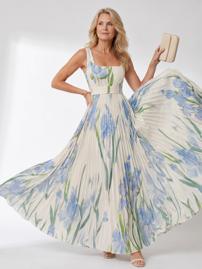 Robe midi en satin à décolleté carré et jupe plissée