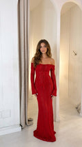 Robe longue en dentelle florale rouge à épaules dénudées