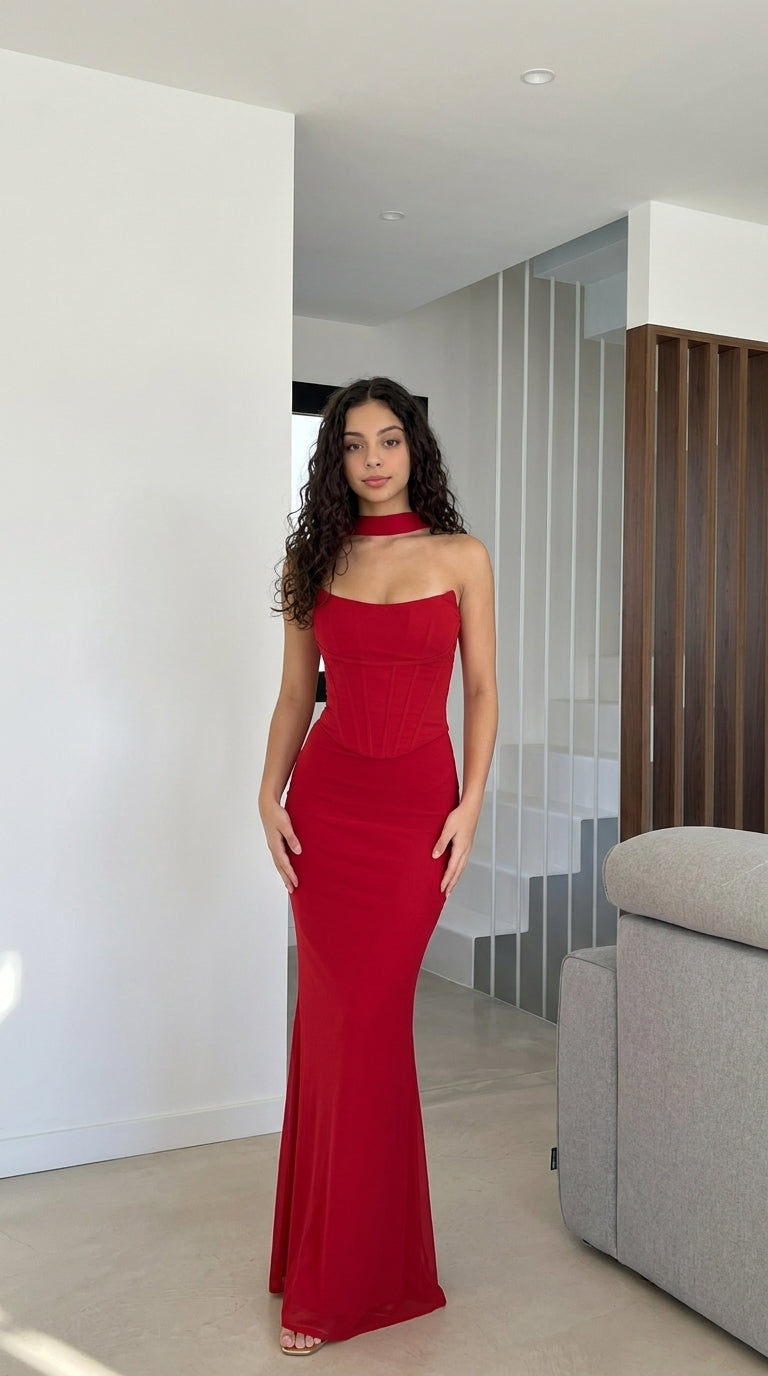 Ensemble long trois pièces en maille avec corset