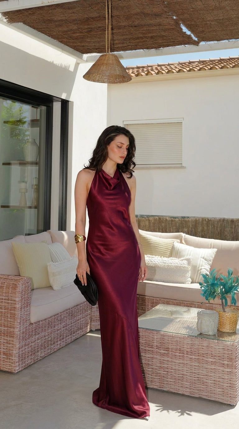 Vestido fluido y elegante en cálidos tonos terracota