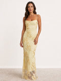 Robe longue brodée à fines bretelles