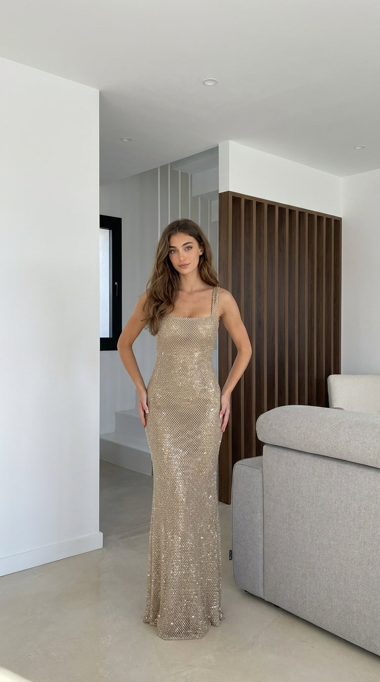 Robe longue à strass, encolure carrée et dos échancré