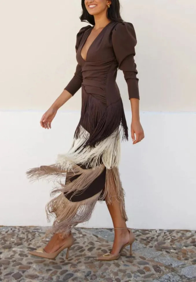 Robe longue à manches à franges