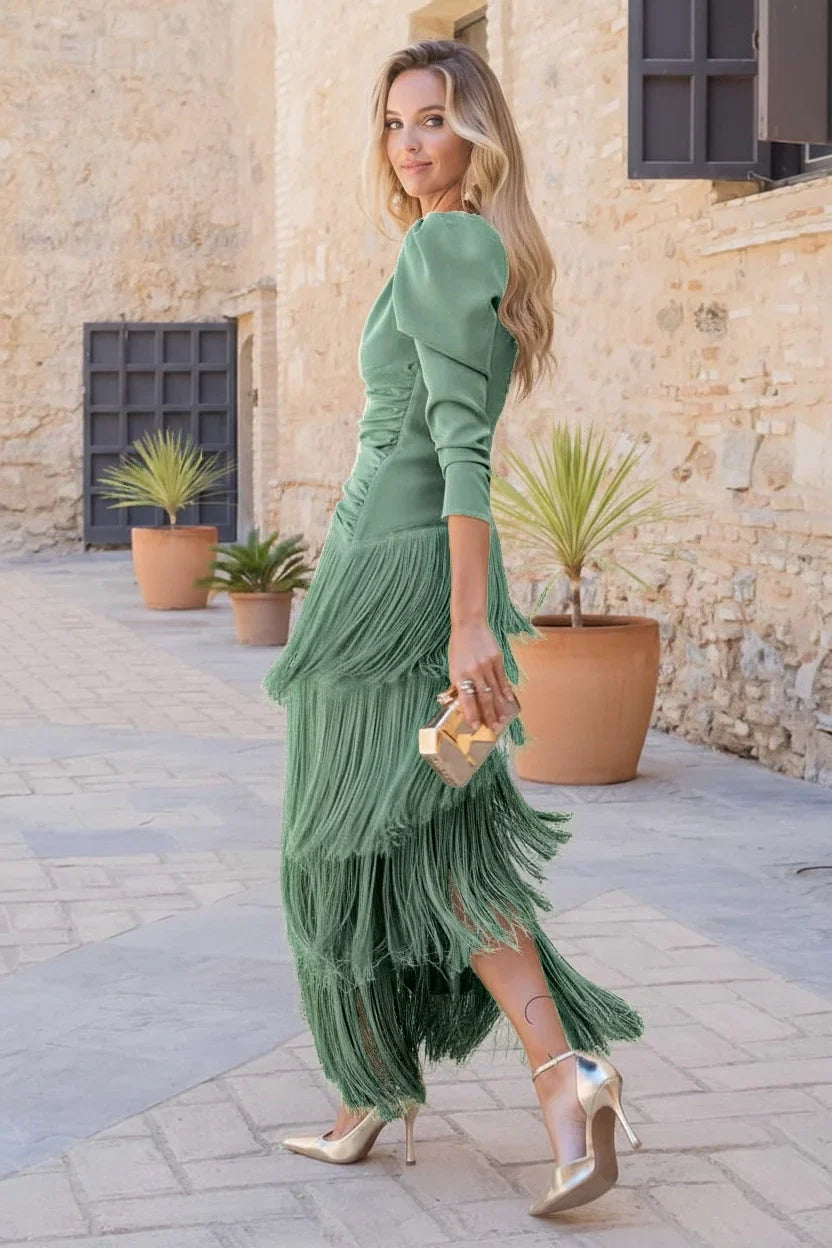 Robe longue à manches à franges