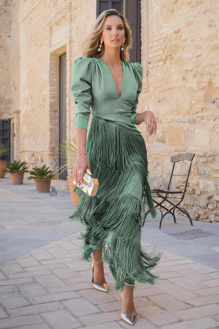 Robe longue à manches à franges