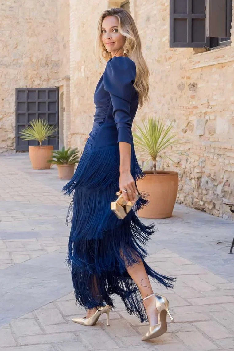Robe longue à manches à franges