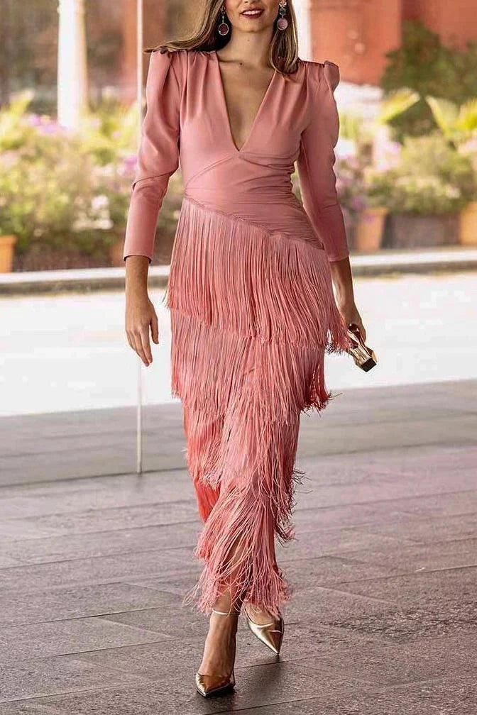 Robe longue à manches à franges