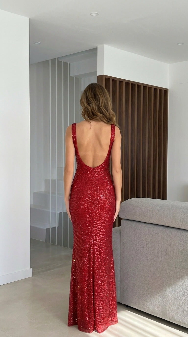 Robe longue à strass, encolure carrée et dos échancré