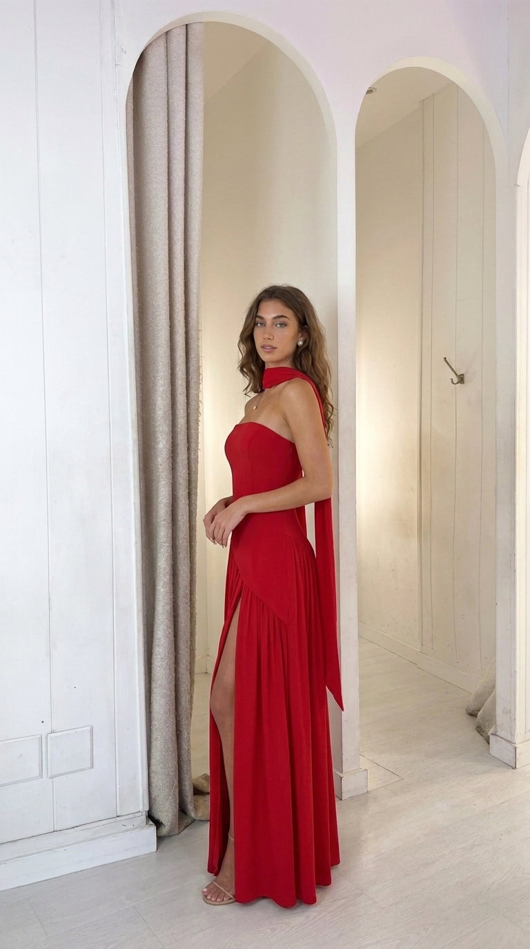 Robe longue bustier en crêpe avec drapé et fente haute